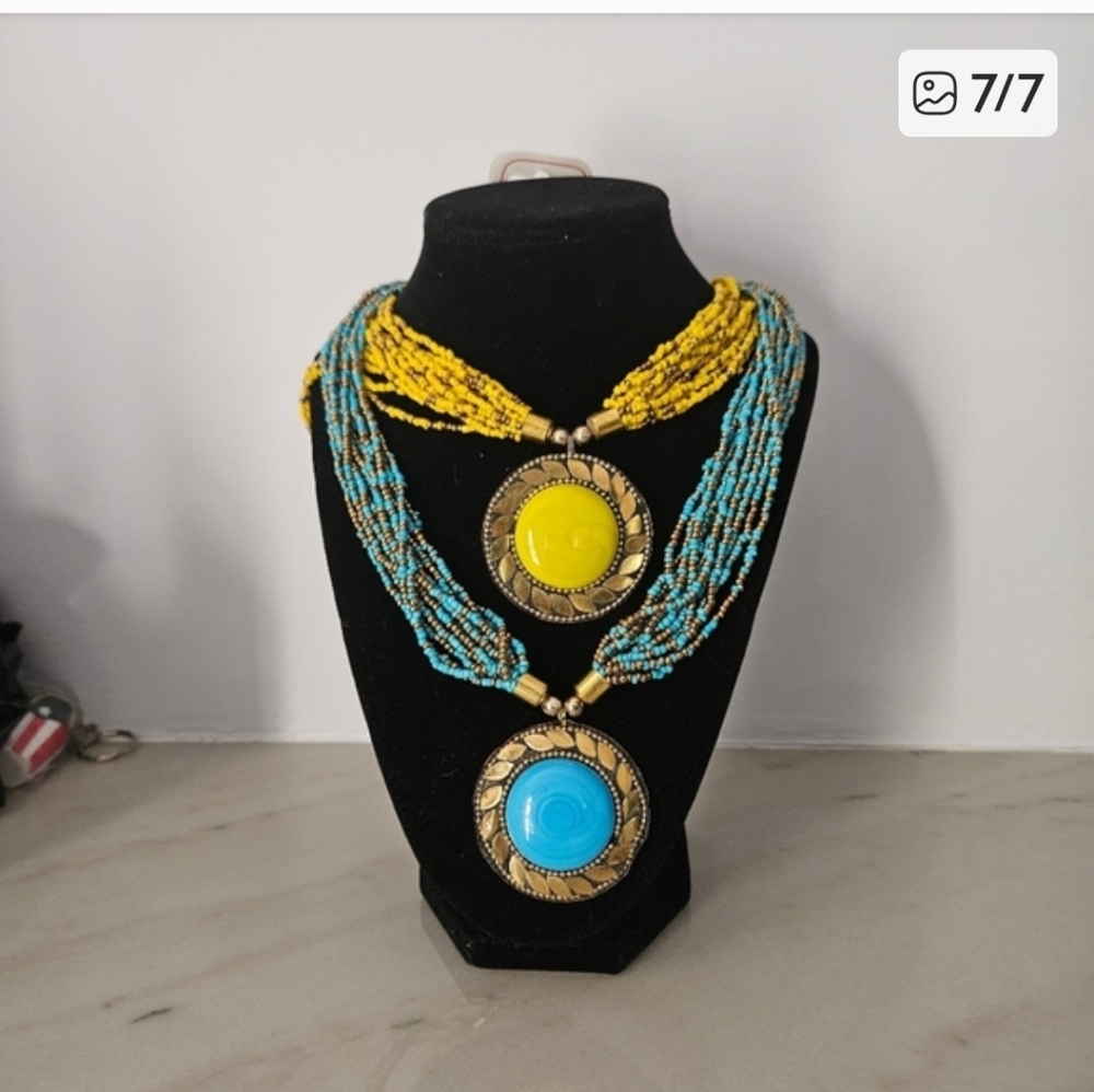 2 Indian Vintage Stone Beaded Statement Long Necklace.  Jewelry